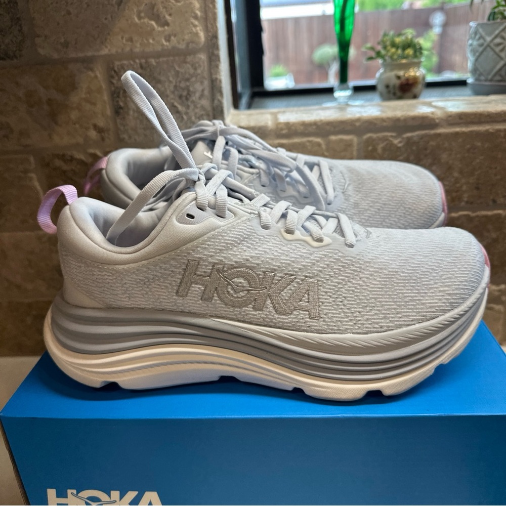 Hoka White Athletic Shoes with Pink Heel Loop - Picture 8 of 16